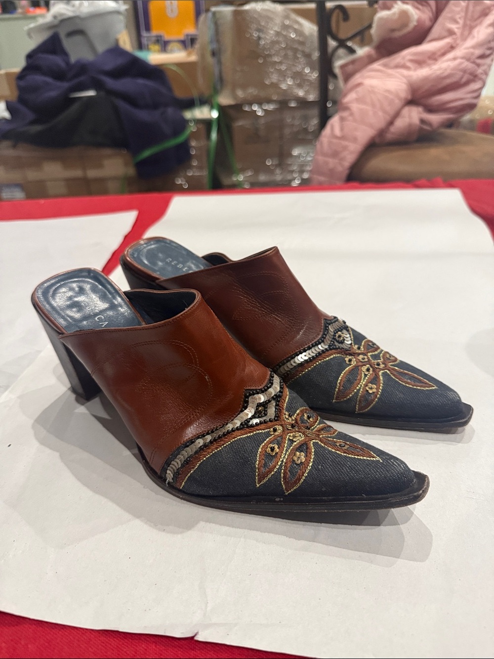 Rebeca Sanver Brown Leather and Navy Embroidered Mule Heels